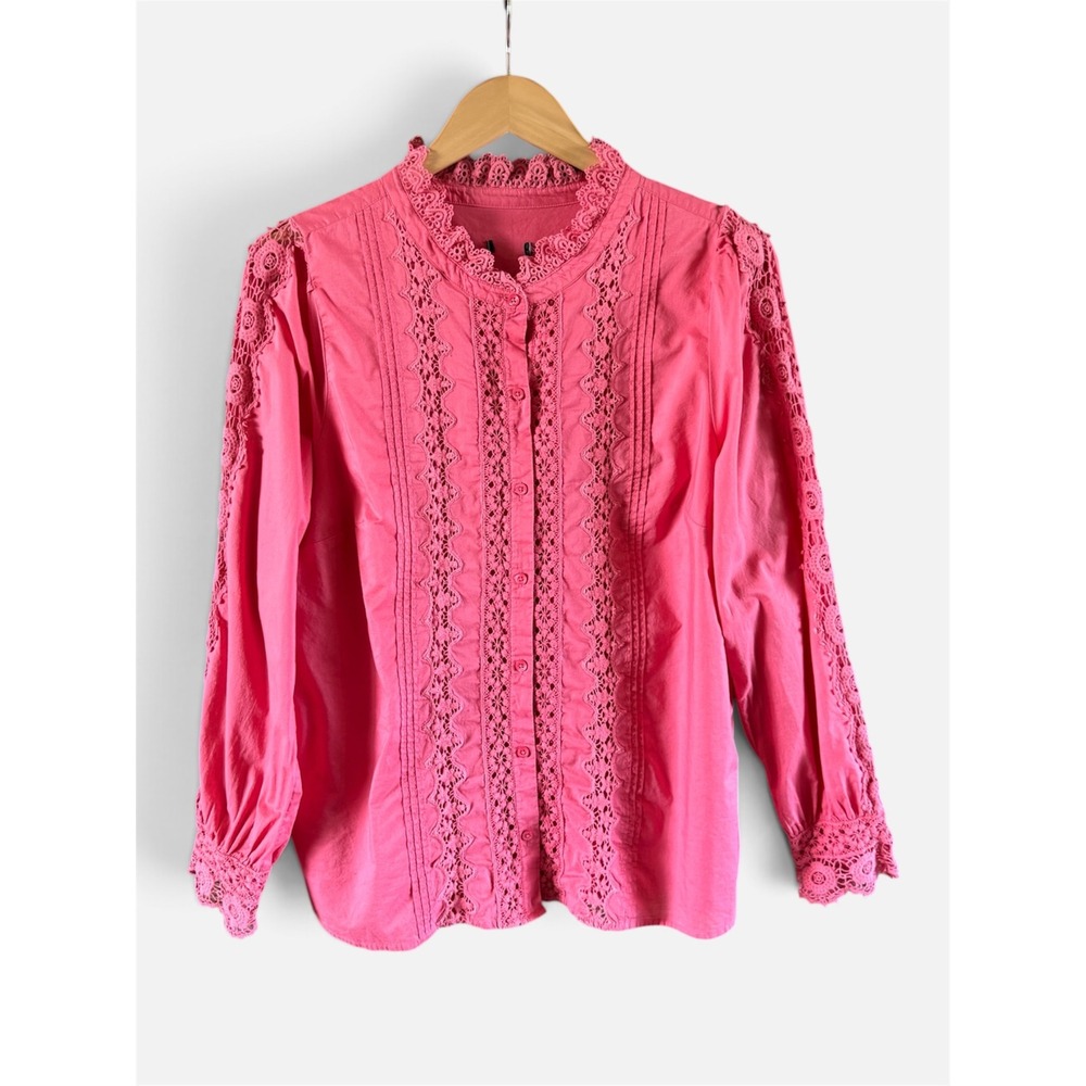 Talbots Pink 100% Cotton Crochet Lace Button Down Blouse Long Sleeve Women Med